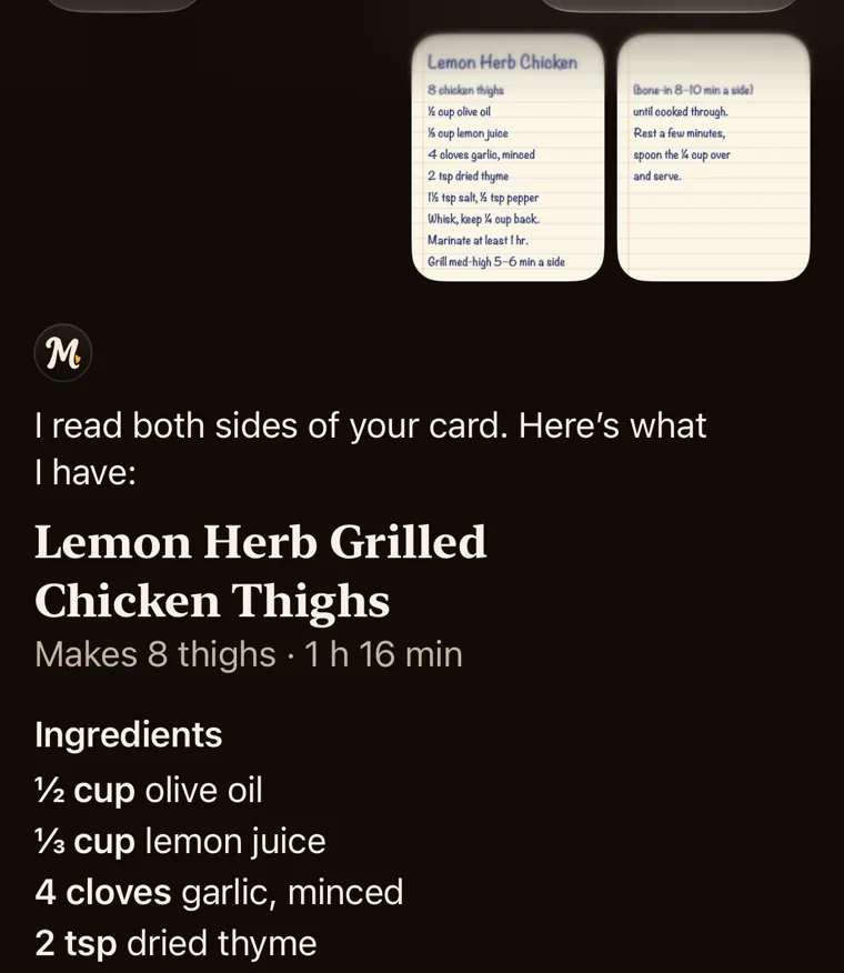 The chat in Mawmaw’s after reading both sides of a handwritten recipe card: the recipe’s title, what it makes, and its ingredients.